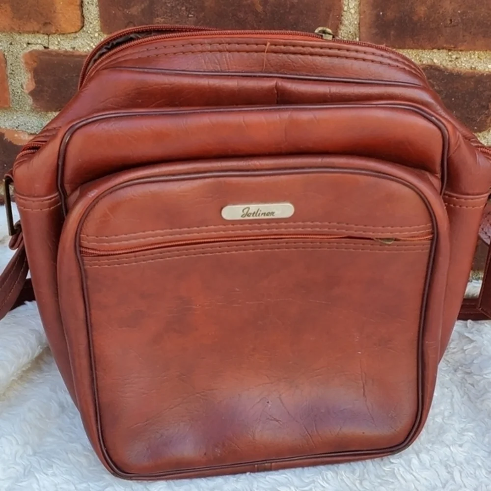 Vintage Jetliner Cognac Brown Leather Crossbody Bag Retro Travel Camera Purse